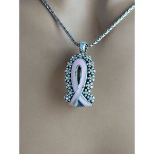 Brighton Pink Ribbon Lanyard Necklace 36" Silver Crystal Pendant Badge Holder